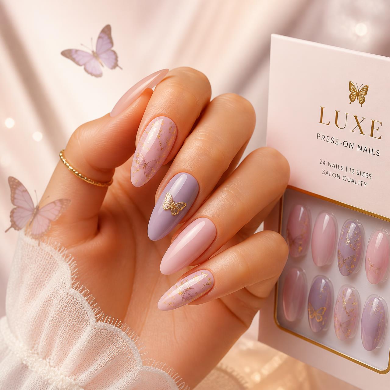 Elegant press-on nails in blush pink and lavender with gold butterfly detail